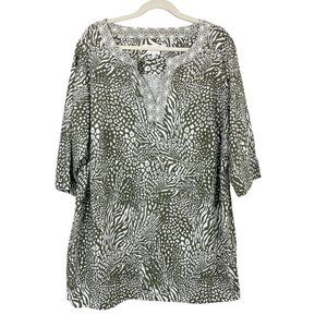 Foxcroft Wrinkle Free Green Leopard Animal Print Tunic Shirt Cotton - Size 20W